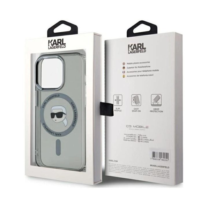 iPhone 15 Pro 6.1 juodas kietas dėklas IML Metal Karl Head MagSafe