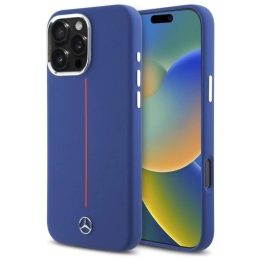 Mercedes“ silikono dėklas su raudonomis juostomis MagSafe“, skirtas iPhone 16 Pro Max“ – tamsiai mėlynas