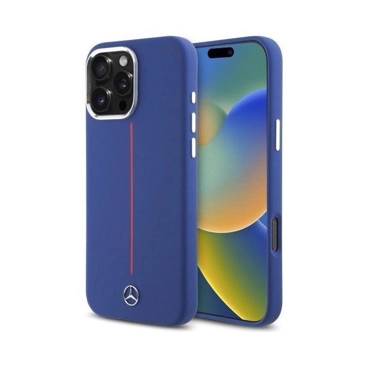 Mercedes“ silikono dėklas su raudonomis juostomis MagSafe“, skirtas iPhone 16 Pro Max“ – tamsiai mėlynas