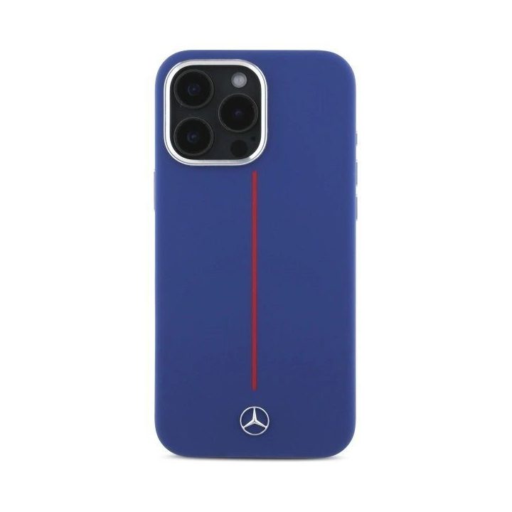 Mercedes“ silikono dėklas su raudonomis juostomis MagSafe“, skirtas iPhone 16 Pro Max“ – tamsiai mėlynas