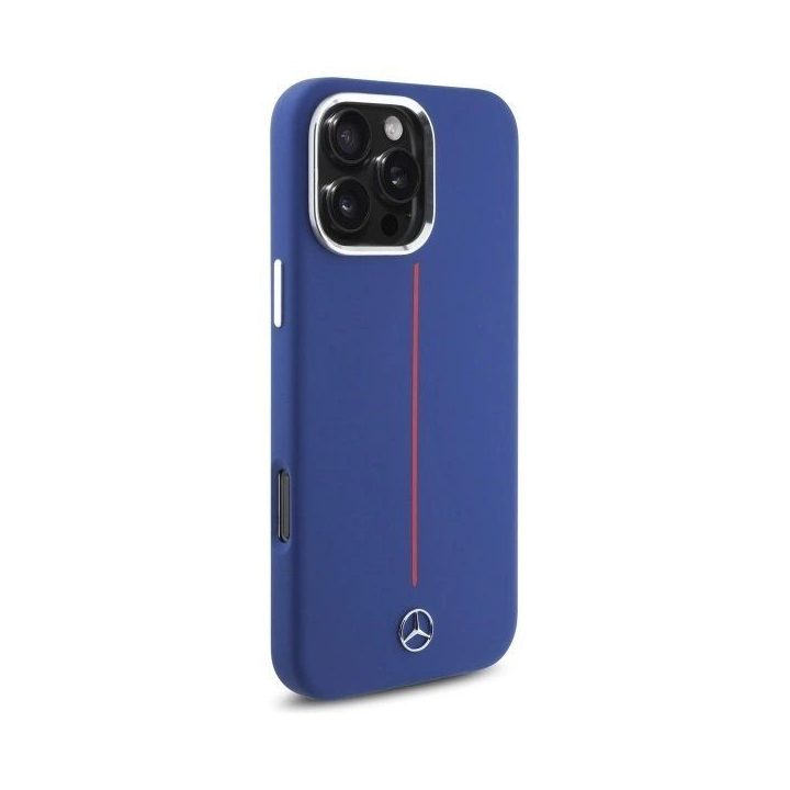 Mercedes“ silikono dėklas su raudonomis juostomis MagSafe“, skirtas iPhone 16 Pro Max“ – tamsiai mėlynas
