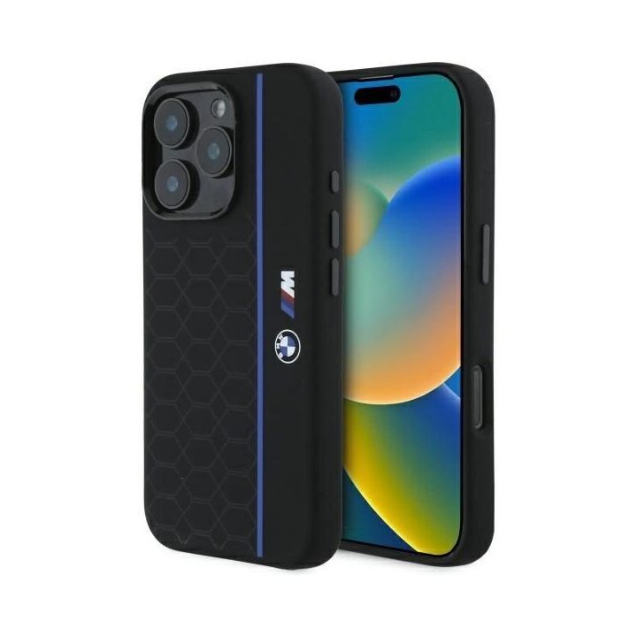 BMW Silikoninis šešiakampio formos mėlynos linijos MagSafe iPhone 16 Pro“ dėklas – juodas