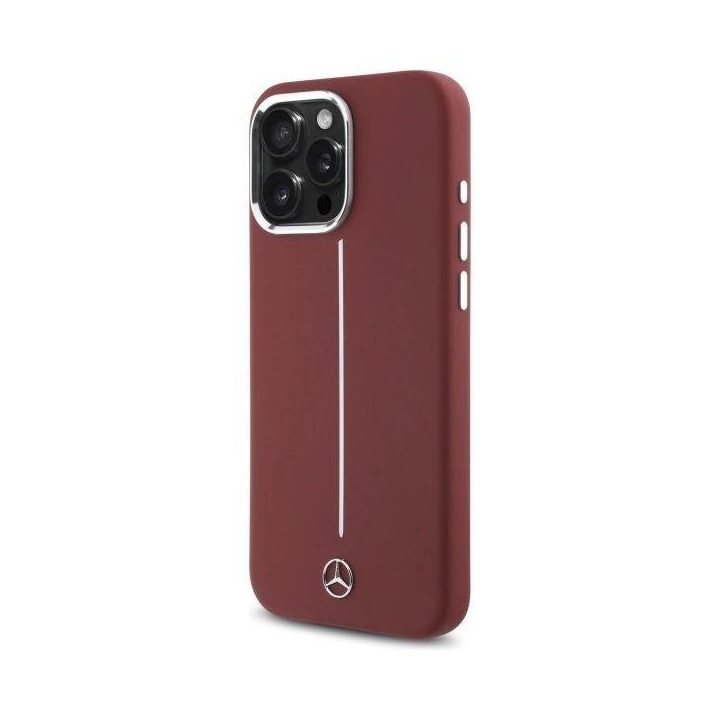 Mercedes“ silikono dėklas su balta juosta MagSafe“ iPhone 16 Pro Max“ – raudonos spalvos