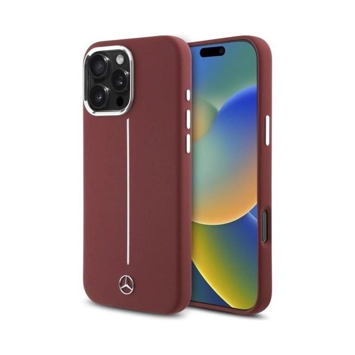 Mercedes“ silikono dėklas su balta juosta MagSafe“ iPhone 16 Pro Max“ – raudonos spalvos