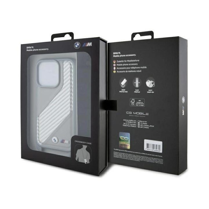BMW M Edition Carbon Stripe & Strap iPhone 16 Pro dėklas – pilkas