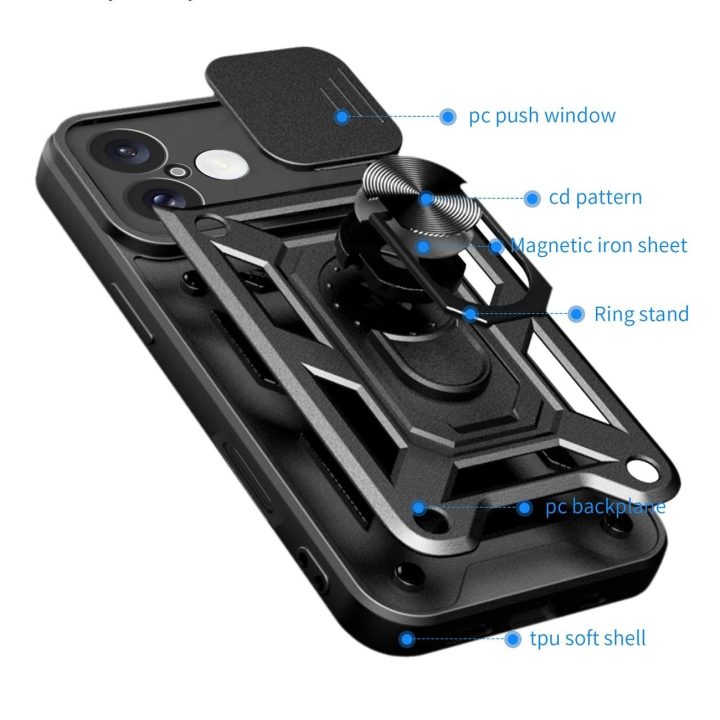 iPhone 16“ – šarvuotas dėklas su kameros dangteliu ir stovu, juodos spalvos