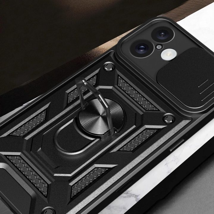 iPhone 16“ – šarvuotas dėklas su kameros dangteliu ir stovu, juodos spalvos