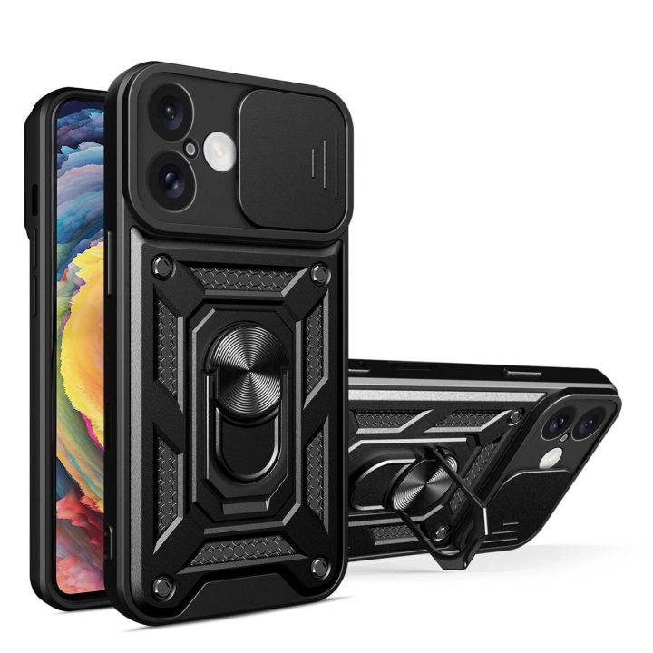 iPhone 16“ – šarvuotas dėklas su kameros dangteliu ir stovu, juodos spalvos