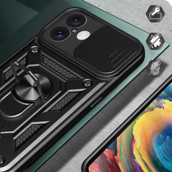 iPhone 16“ – šarvuotas dėklas su kameros dangteliu ir stovu, juodos spalvos