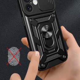 iPhone 16 Plus dėklas su kameros dangčiu ir stovu - juodas
