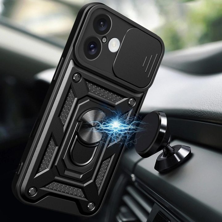 iPhone 16 Plus dėklas su kameros dangčiu ir stovu - juodas