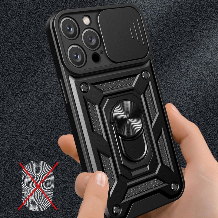 iPhone 16 Pro“ dėklas su kameros uždanga ir atramine kojele – juodas
