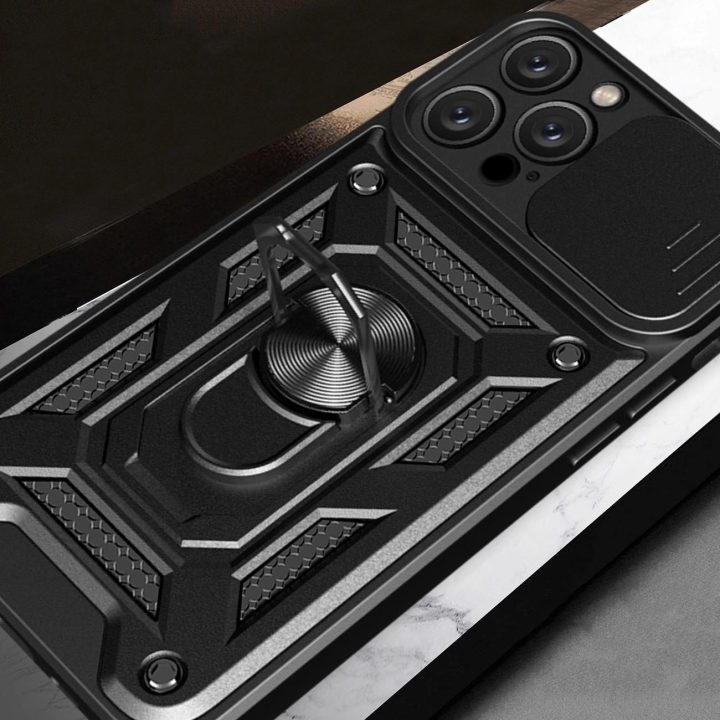 iPhone 16 Pro“ dėklas su kameros uždanga ir atramine kojele – juodas