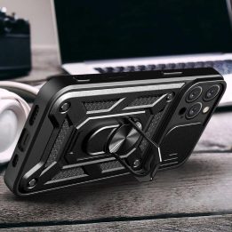 iPhone 16 Pro Max“ šarvuotas dėklas su kameros apsauga ir stovu - juodas