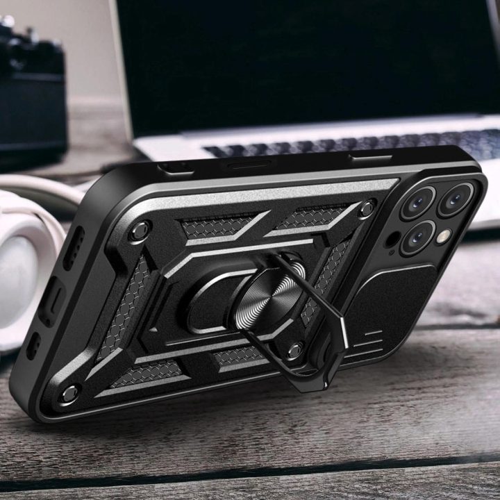iPhone 16 Pro Max“ šarvuotas dėklas su kameros apsauga ir stovu - juodas