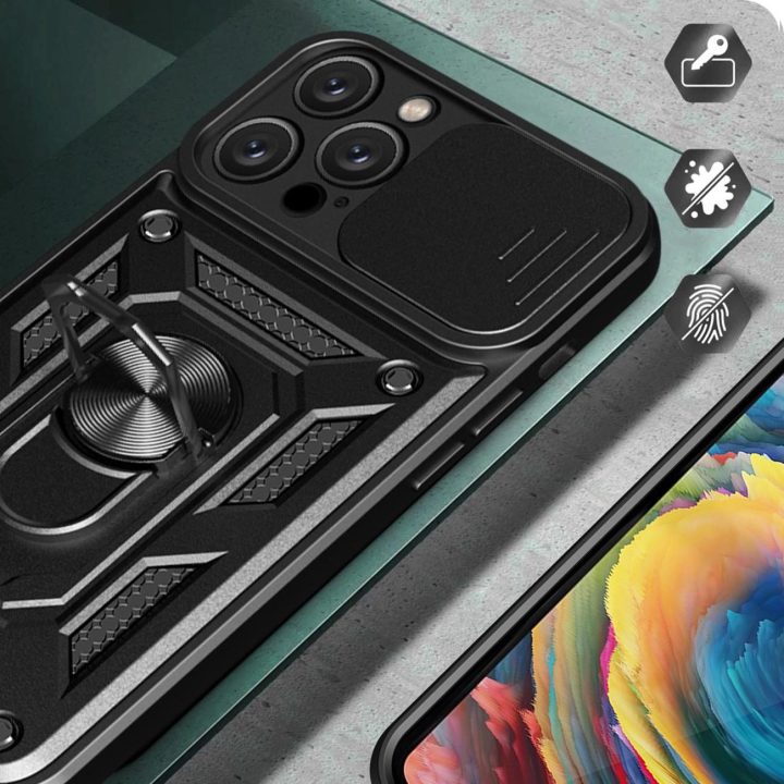 iPhone 16 Pro Max“ šarvuotas dėklas su kameros apsauga ir stovu - juodas