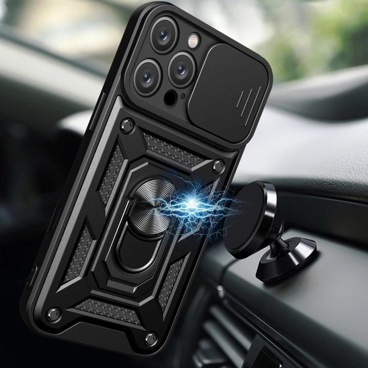 iPhone 16 Pro Max“ šarvuotas dėklas su kameros apsauga ir stovu - juodas