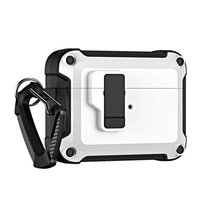 Airpods 4 Pro“ apsauginis dėklas su karabinu - baltos spalvos