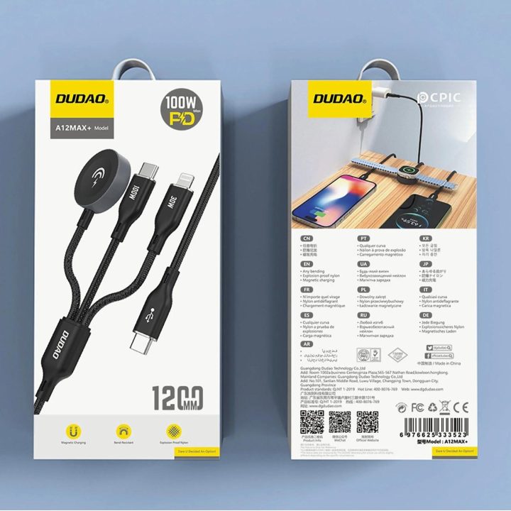Apple Watch A12Max+ PD 100W 3in1 įkroviklis: USB-C Lightning“ 1,2 m - juodas