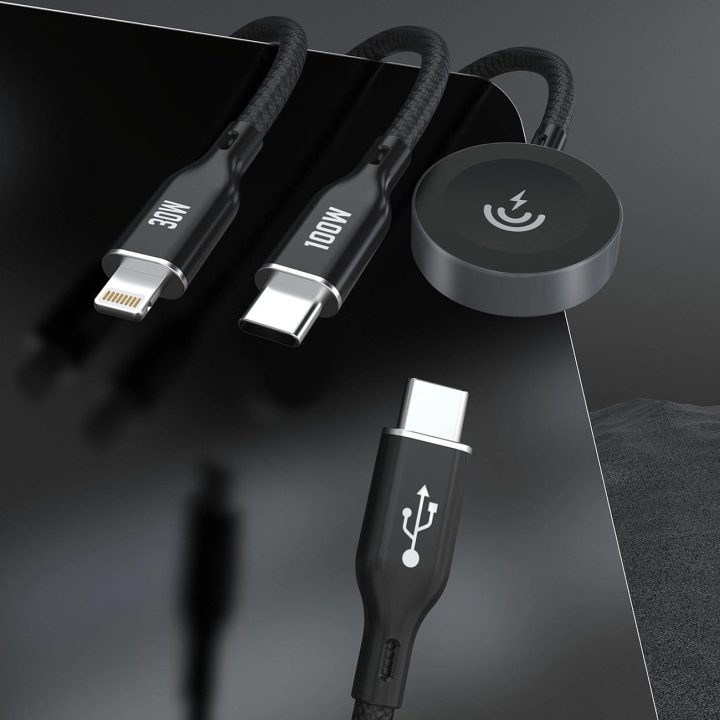 Apple Watch A12Max+ PD 100W 3in1 įkroviklis: USB-C Lightning“ 1,2 m - juodas