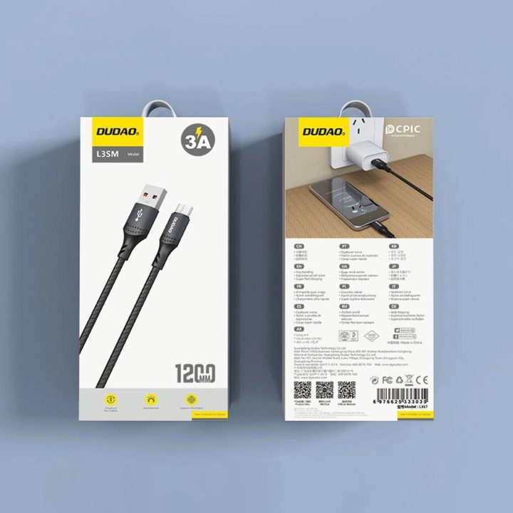 USB-A - MicroUSB“ jungtis, 3A, 1,2 m ilgio pintas juodas kabelis