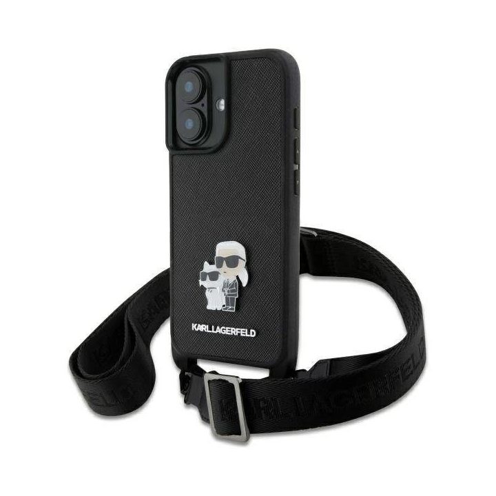 Karl Lagerfeld Saffiano Karl&Choupette Metalinė Pin CBDY Dirželis iPhone 16 Dėkl - Juodai