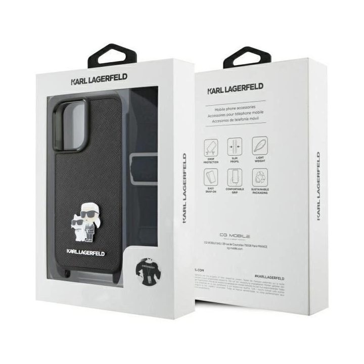 Karl Lagerfeld Saffiano Karl&Choupette Metalinė Pin CBDY Dirželis iPhone 16 Dėkl - Juodai
