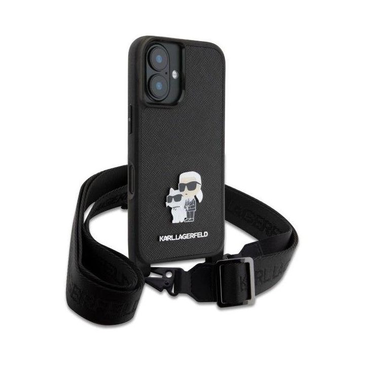 Karl Lagerfeld Saffiano Karl&Choupette Metalinė Pin CBDY Dirželis iPhone 16 Dėkl - Juodai
