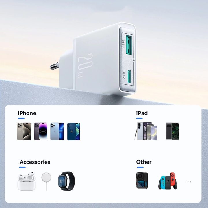 20 W USB C labai plonas sieninis įkroviklis – baltas