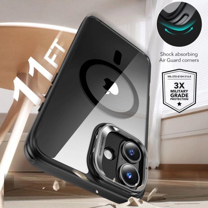 Kilnojamos atramos Halolock MagSafe iPhone 16 Plus“ + Grūdinto stiklo ekrano apsauga – juodos spalvos