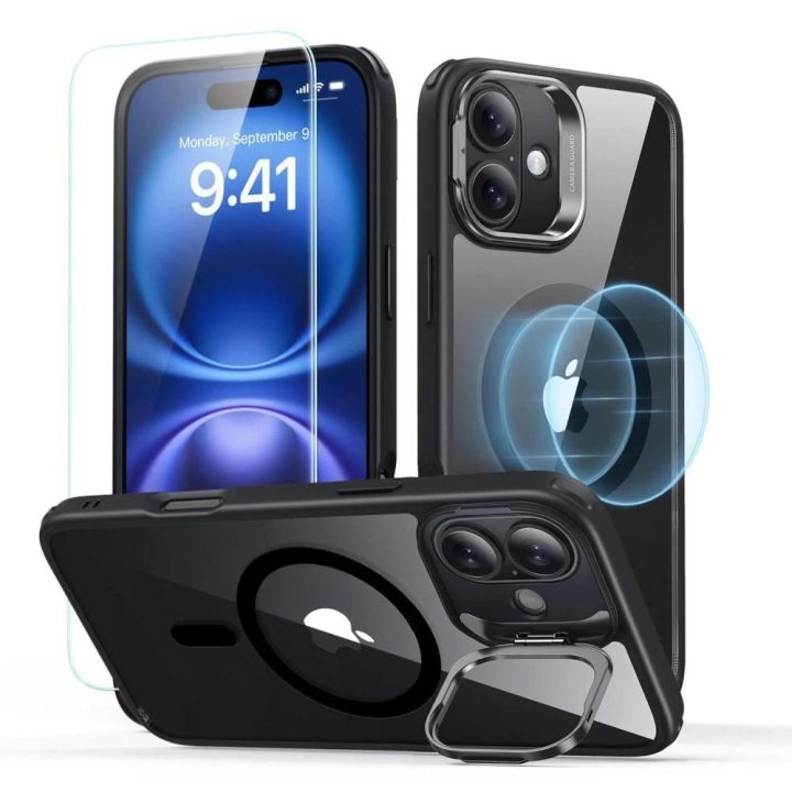 Kilnojamos atramos Halolock MagSafe iPhone 16 Plus“ + Grūdinto stiklo ekrano apsauga – juodos spalvos