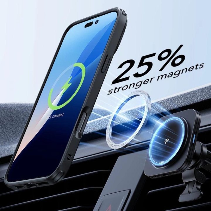 Kilnojamos atramos Halolock MagSafe iPhone 16 Plus“ + Grūdinto stiklo ekrano apsauga – juodos spalvos