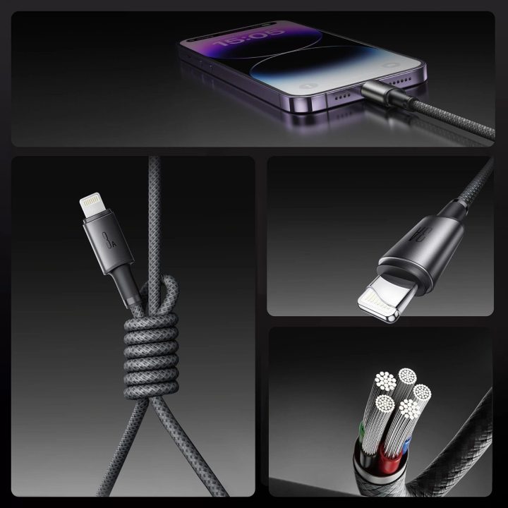 3A USB-A - Lightning“ laidas su magnetiniu organizatoriumi 1,2 m - pilkos spalvos