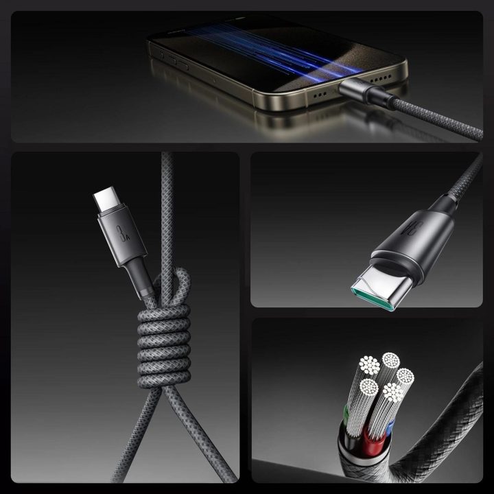 3A USB C laidas su magnetiniu organizatoriumi 1,2 m – pilkas