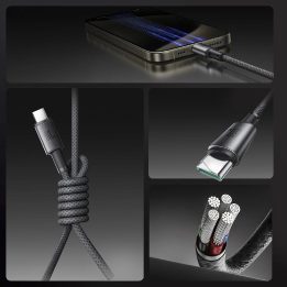 60W USB C kabelis su magnetiniu organizatoriumi 1,2 m – pilkos spalvos