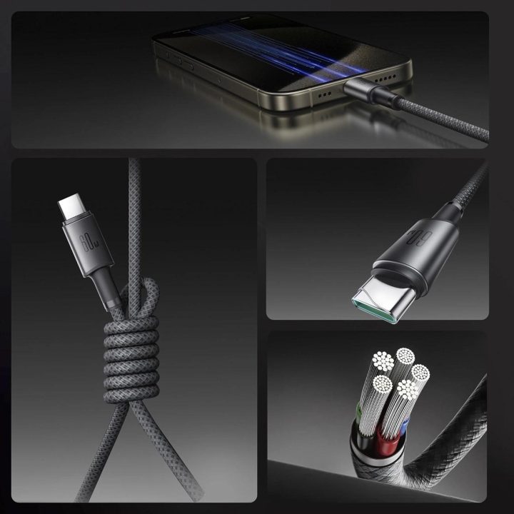 60W USB C kabelis su magnetiniu organizatoriumi 1,2 m – pilkos spalvos