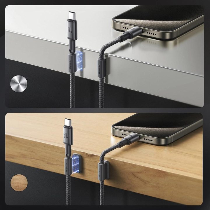 60W USB C kabelis su magnetiniu organizatoriumi 1,2 m – pilkos spalvos
