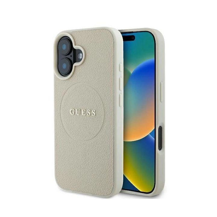 Guess Grained Ring MagSafe dėklas iPhone 16 - smėlinis