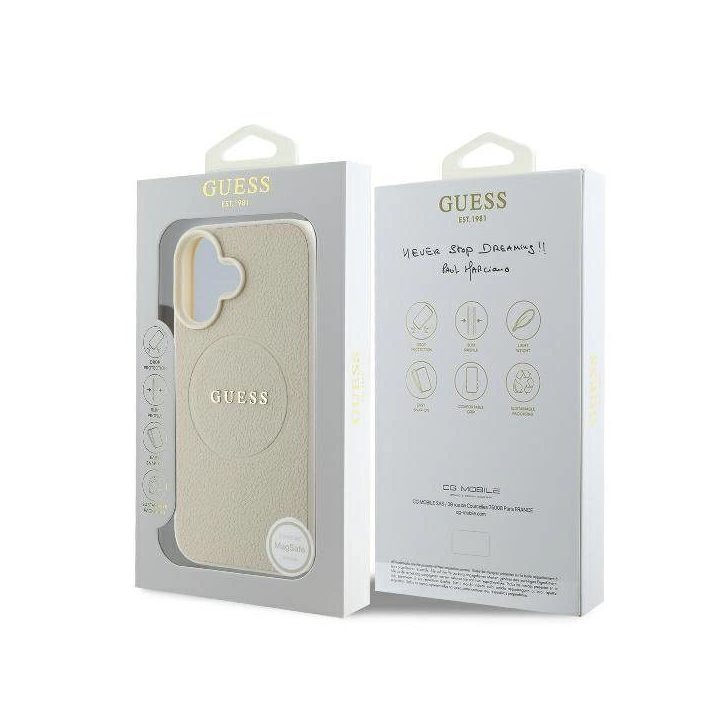 Guess Grained Ring MagSafe dėklas iPhone 16 - smėlinis