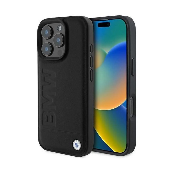 BMW karštai štampuotas odinis dėklas iPhone 16 Pro Max“ – juodas