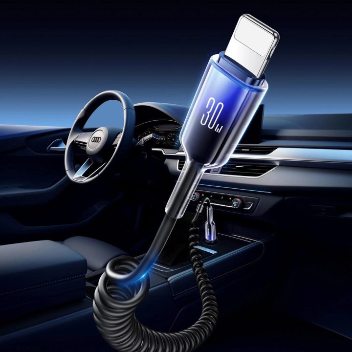 30W USB-C – Lightning spiralinis kabelis 1,5 m – juodas
