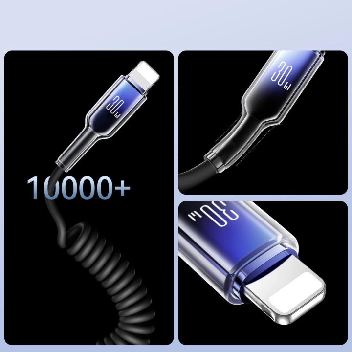 30W USB-C – Lightning spiralinis kabelis 1,5 m – juodas