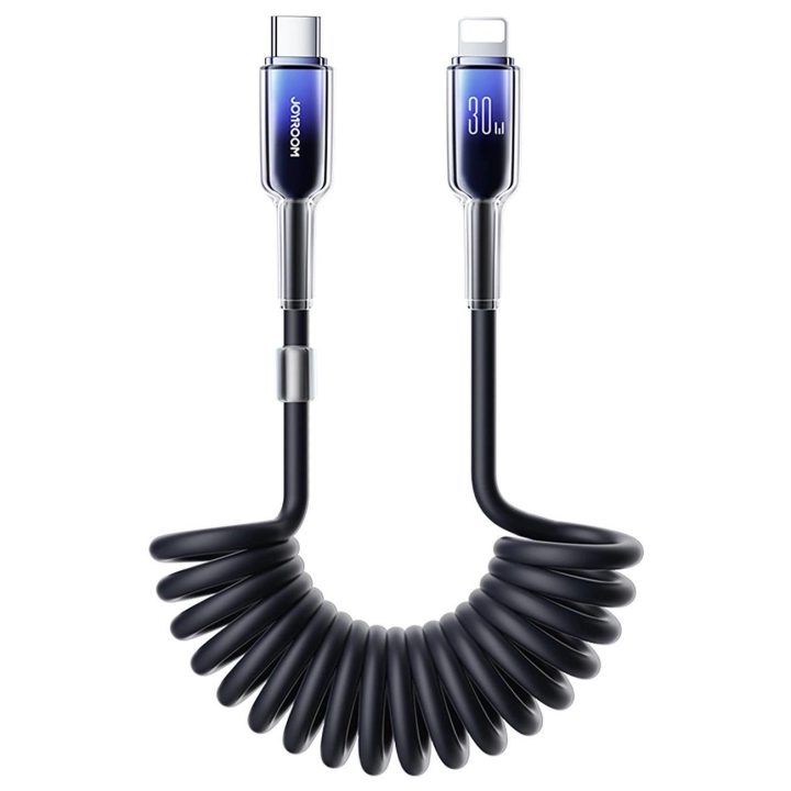 30W USB-C – Lightning spiralinis kabelis 1,5 m – juodas