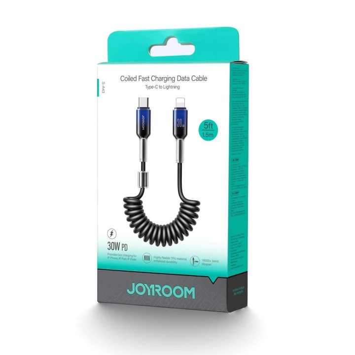 30W USB-C – Lightning spiralinis kabelis 1,5 m – juodas