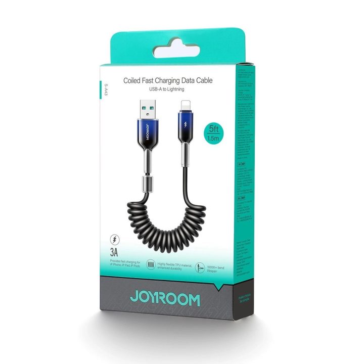 3A USB-A – Lightning“ spiralės laidas, 1.5 m – juodas
