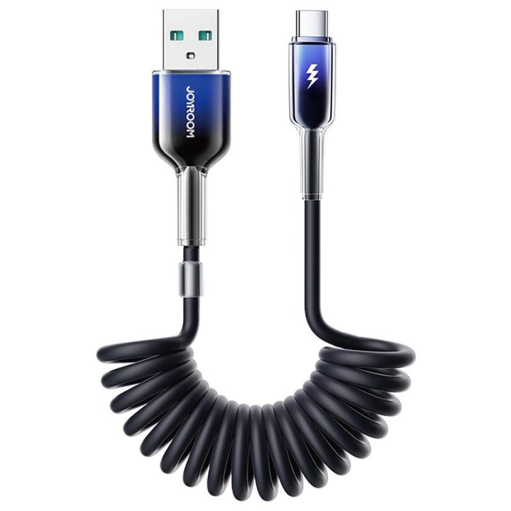 USB C 1,5 m ilgio USB 3A spiralinis laidas – juodas