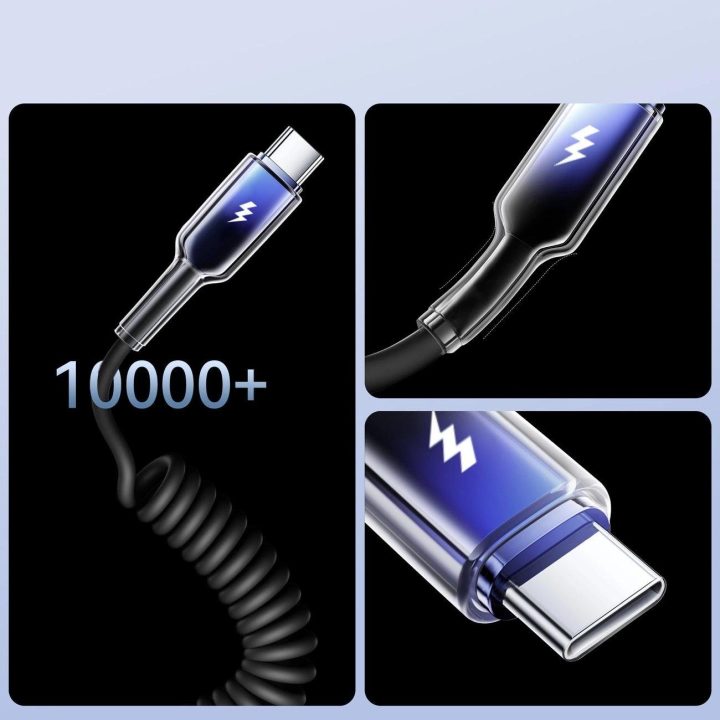 USB C 1,5 m ilgio USB 3A spiralinis laidas – juodas