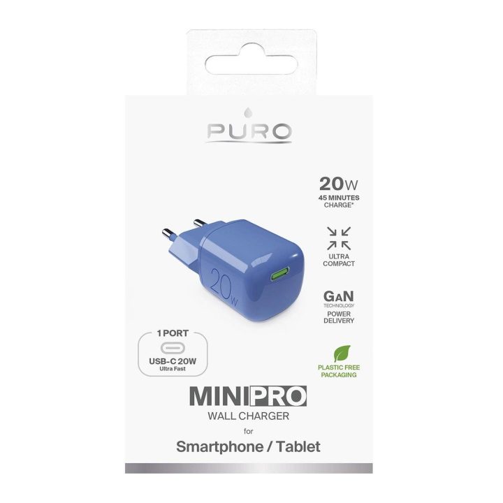 20 W GaN USB-C sieninis įkroviklis – mėlynas