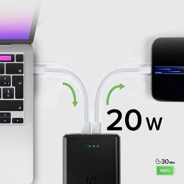 Greito įkrovimo maitinimo bankas: 20 000 mAh, 2 USB, juodos spalvos