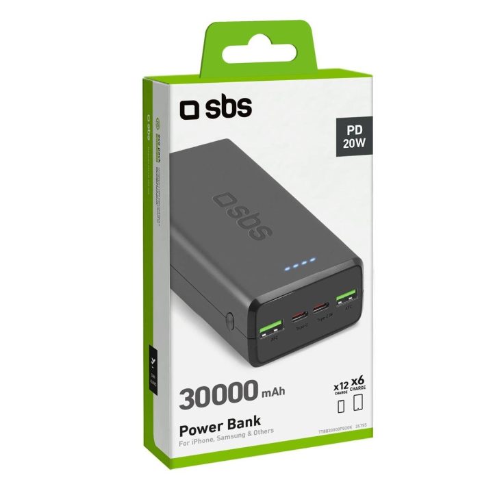 Greito įkrovimo maitinimo bankas: 20 000 mAh, 2 USB, juodos spalvos